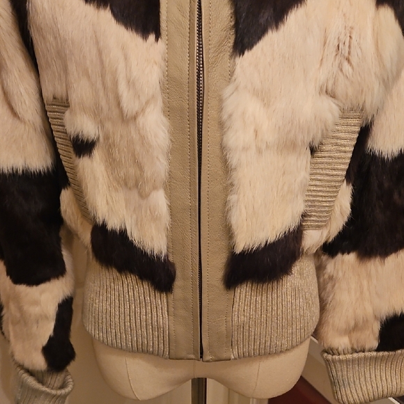 XOXO Women's Brown and Cream Patchwork Rabbit Fur And Leather Bomber Jacket - Picture 3 of 10